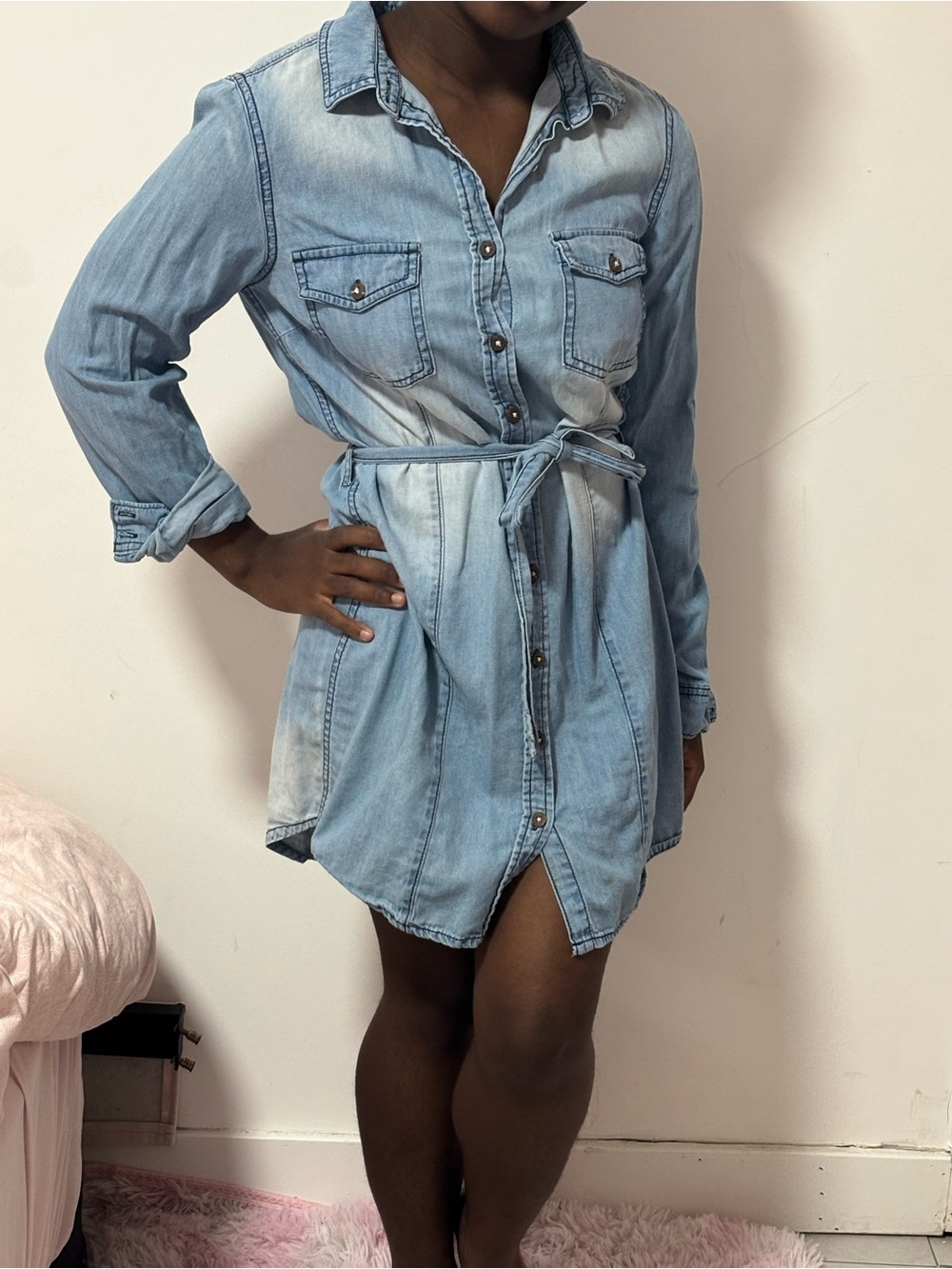 Zara Light Blue Denim Shirt Mini Dress with Tie Waist